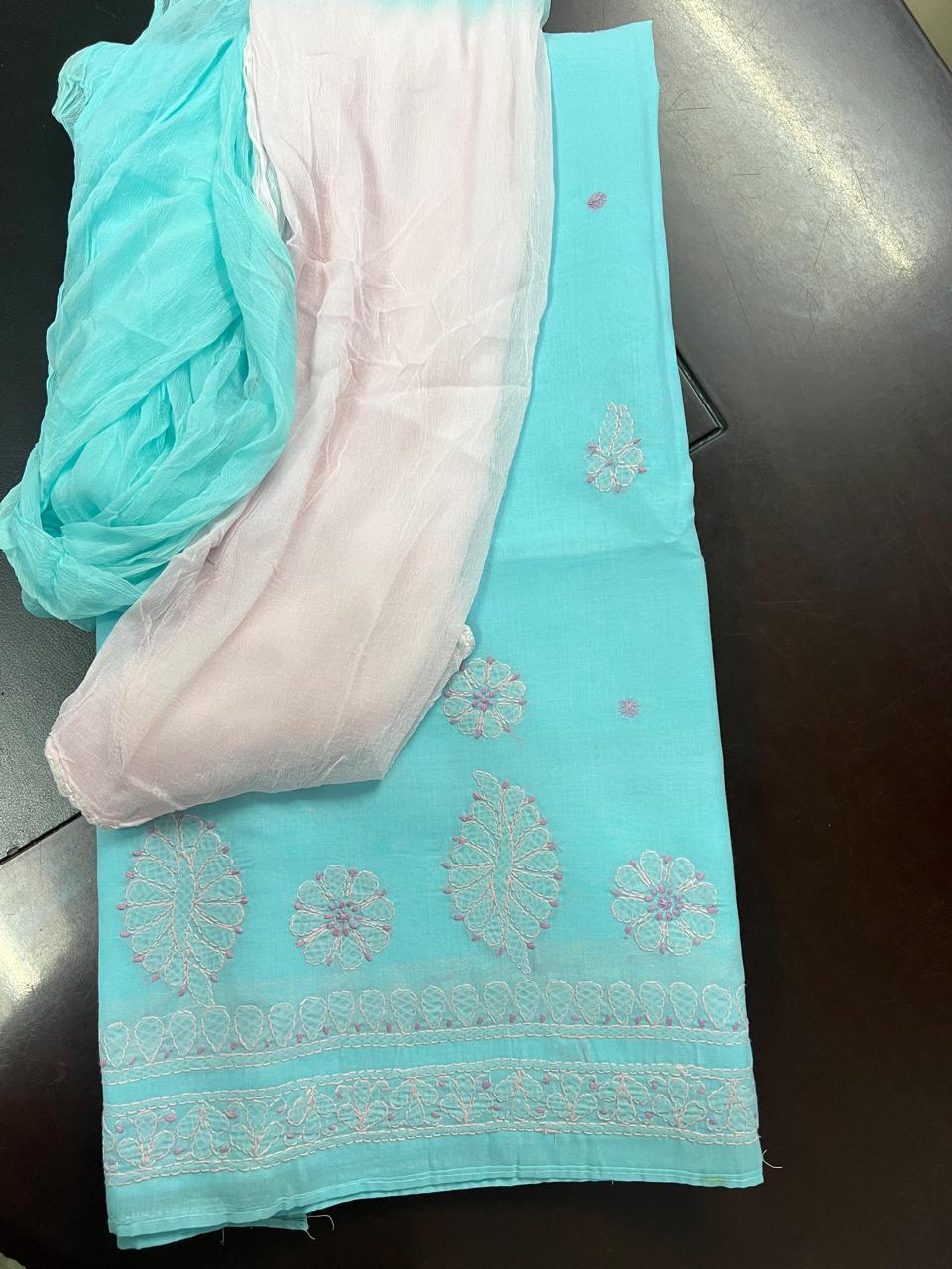 Lucknowi Hand-Stitched Cotton Chikan Kari Unstitched Set - Monochrome Series  Search code  5800