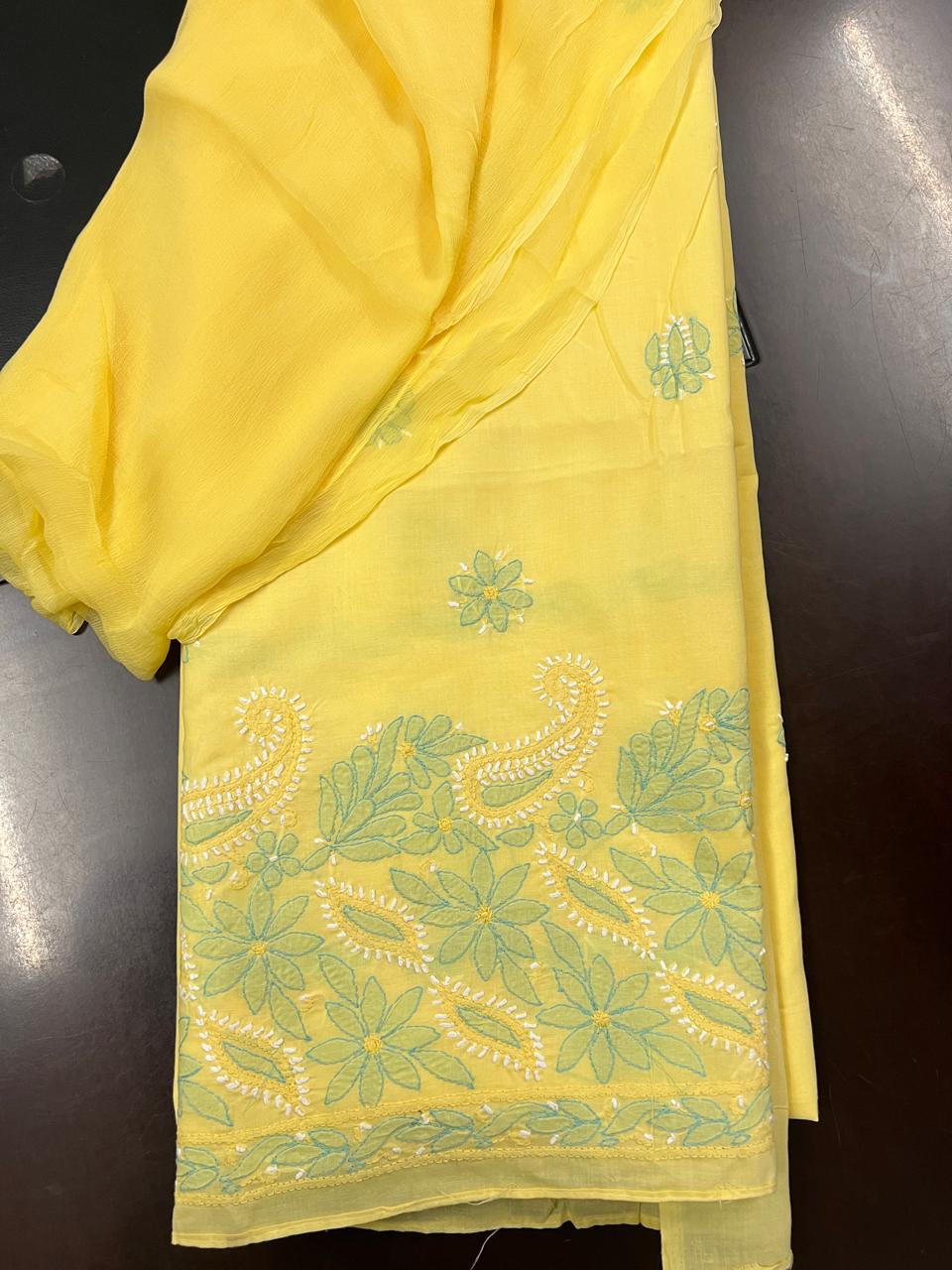 Lucknowi Hand-Stitched Cotton Chikan Kari Unstitched Set - Monochrome Series  Search code 5801