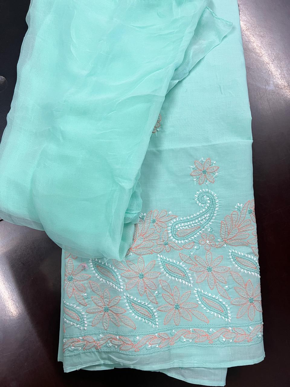 Lucknowi Hand-Stitched Cotton Chikan Kari Unstitched Set - Monochrome Series  Search code 5801