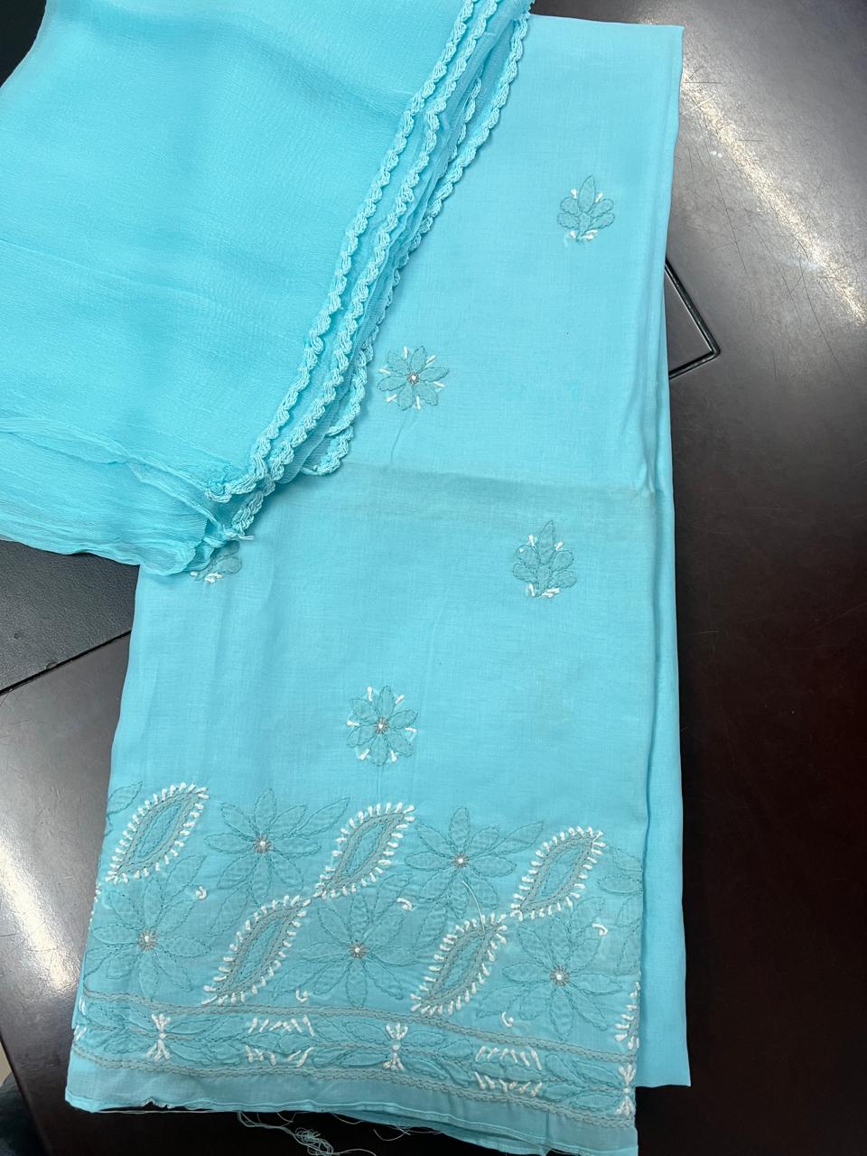 Lucknowi Hand-Stitched Cotton Chikan Kari Unstitched Set - Monochrome Series  Search code 5801