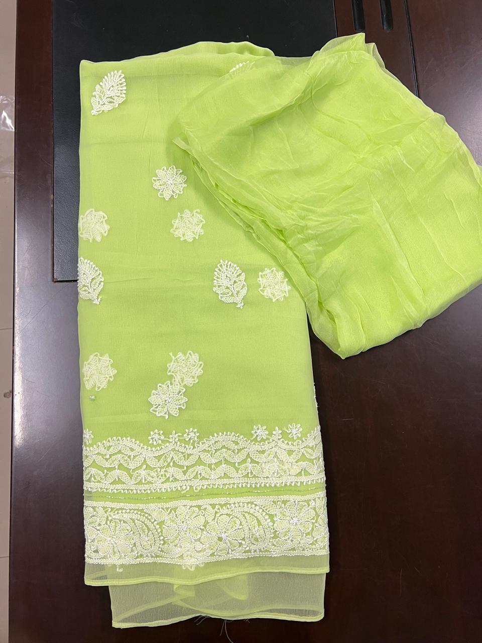 Lucknowi Hand-Stitched Georgette Chikan Kari Unstitched Set - Monochrome Series  Search code 5802