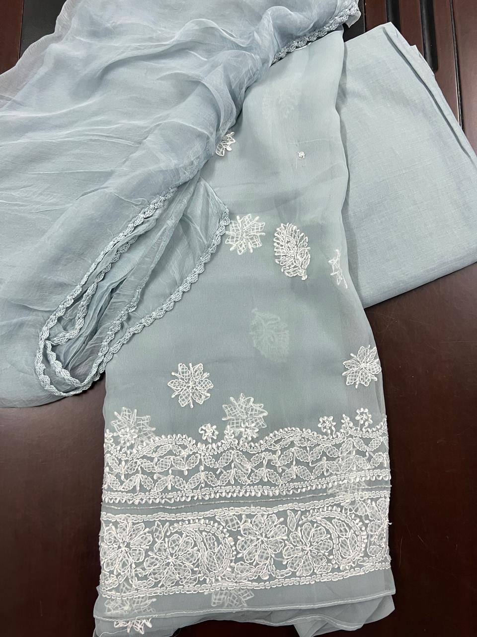 Lucknowi Hand-Stitched Georgette Chikan Kari Unstitched Set - Monochrome Series  Search code 5802