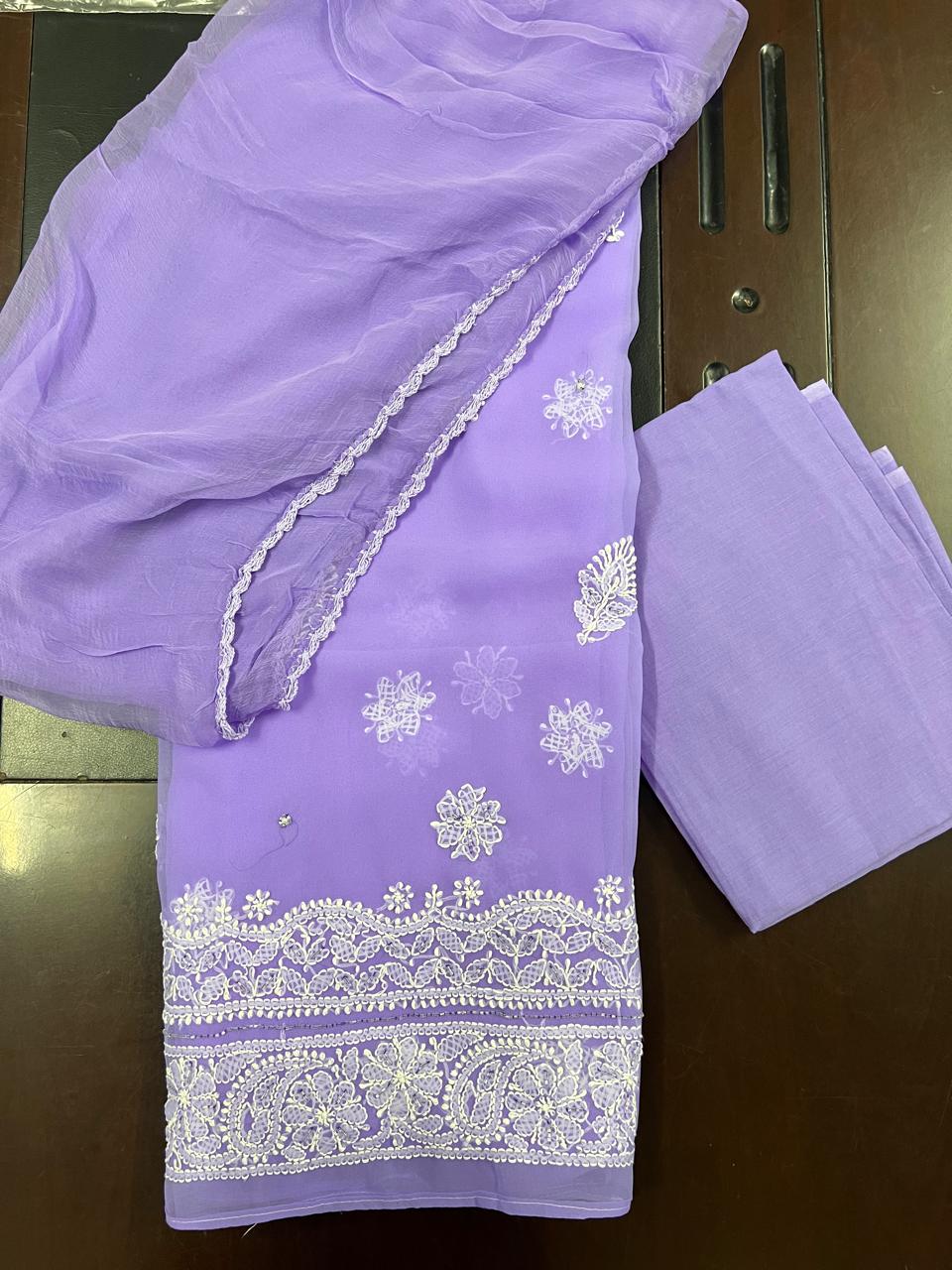 Lucknowi Hand-Stitched Georgette Chikan Kari Unstitched Set - Monochrome Series  Search code 5802