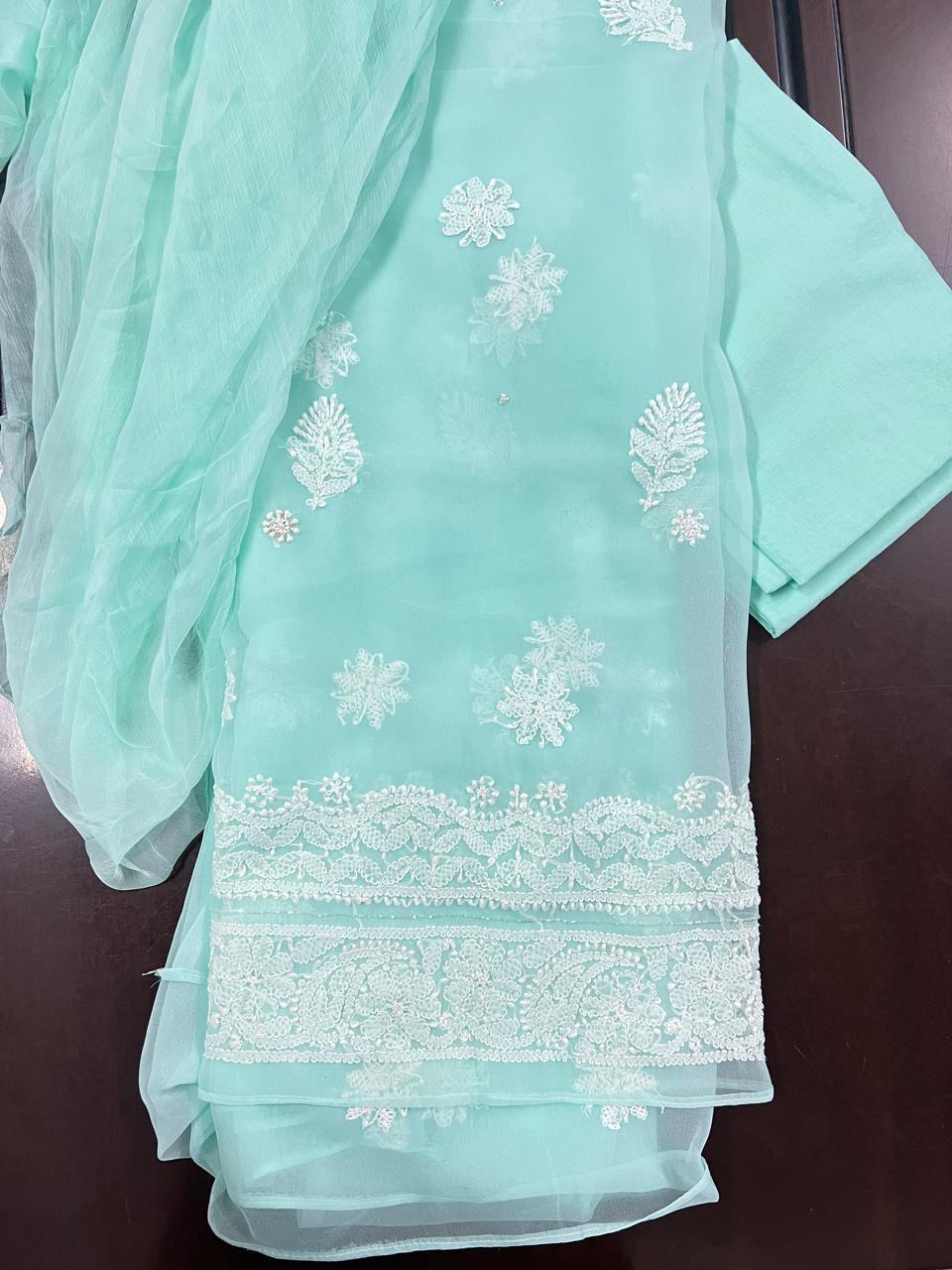 Lucknowi Hand-Stitched Georgette Chikan Kari Unstitched Set - Monochrome Series  Search code 5802