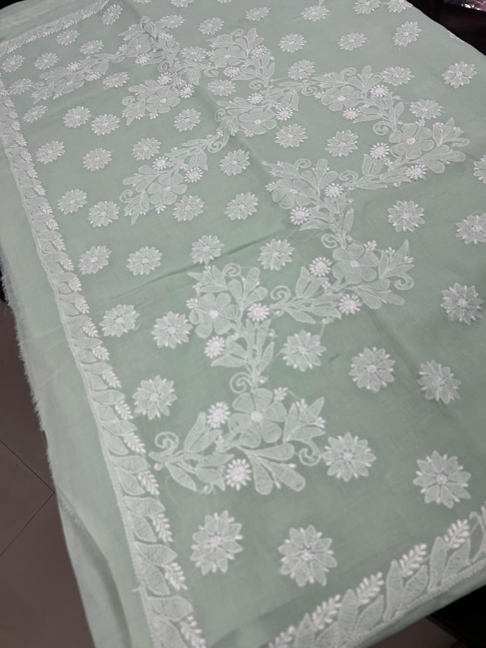 Lucknowi Hand-Stitched Cotton Chikan Kari Saree - Monochrome Series  Search code  6602