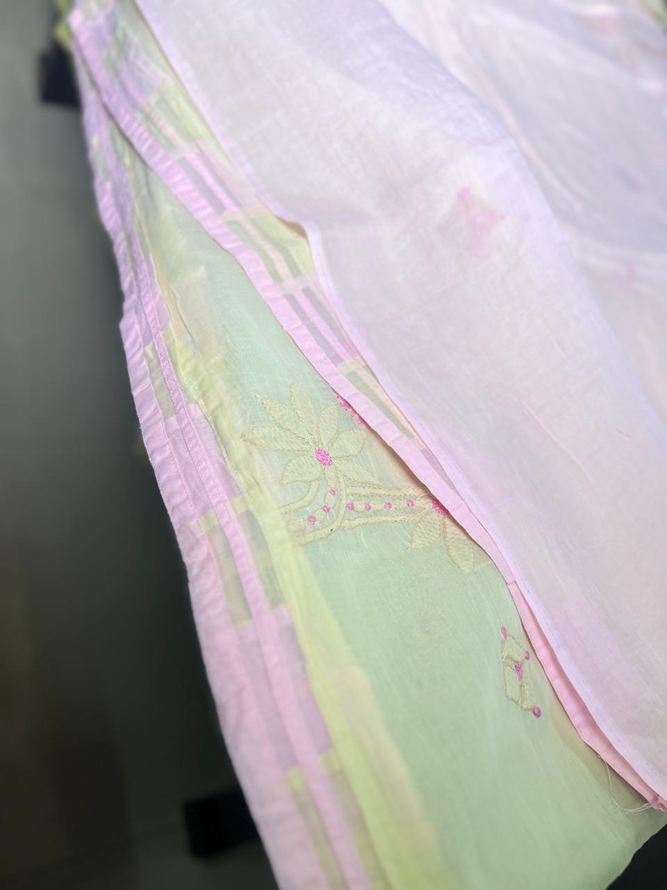 Lucknowi Hand-Stitched Cotton Chikan Kari Saree - Monochrome Series  Search code  6603