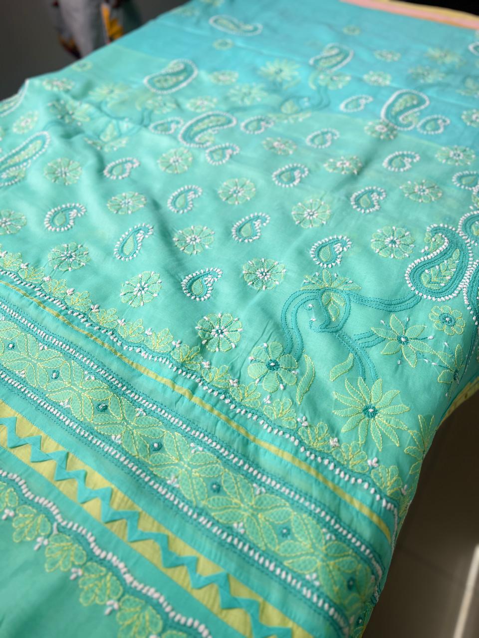 Lucknowi Hand-Stitched Cotton Chikan Kari Saree - Monochrome Series  Search code  6603