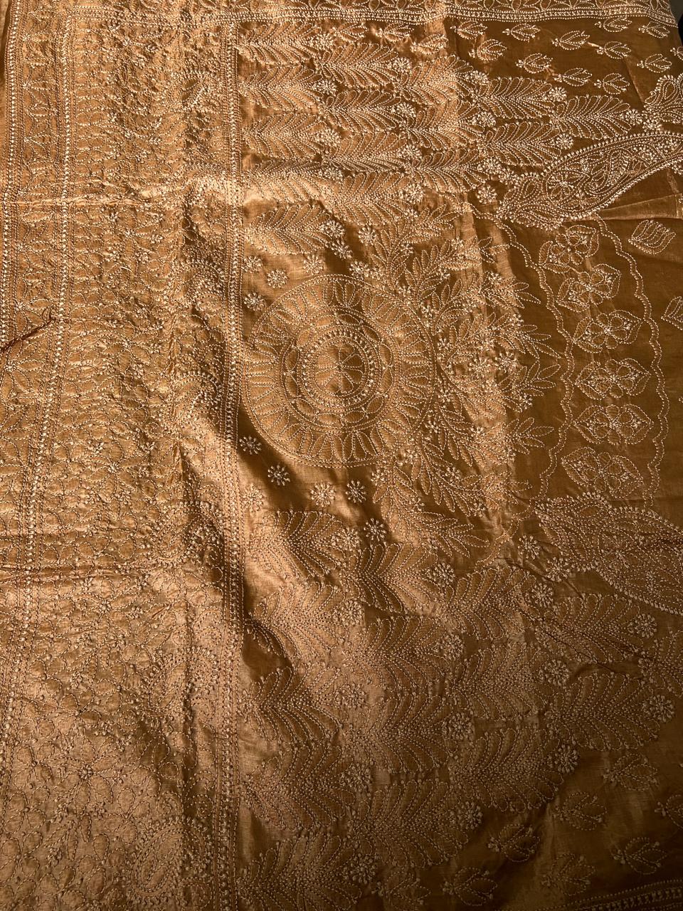 Lucknowi Hand-Stitched Tussar silk Chikan Kari Saree - Monochrome Series  Search code  6607