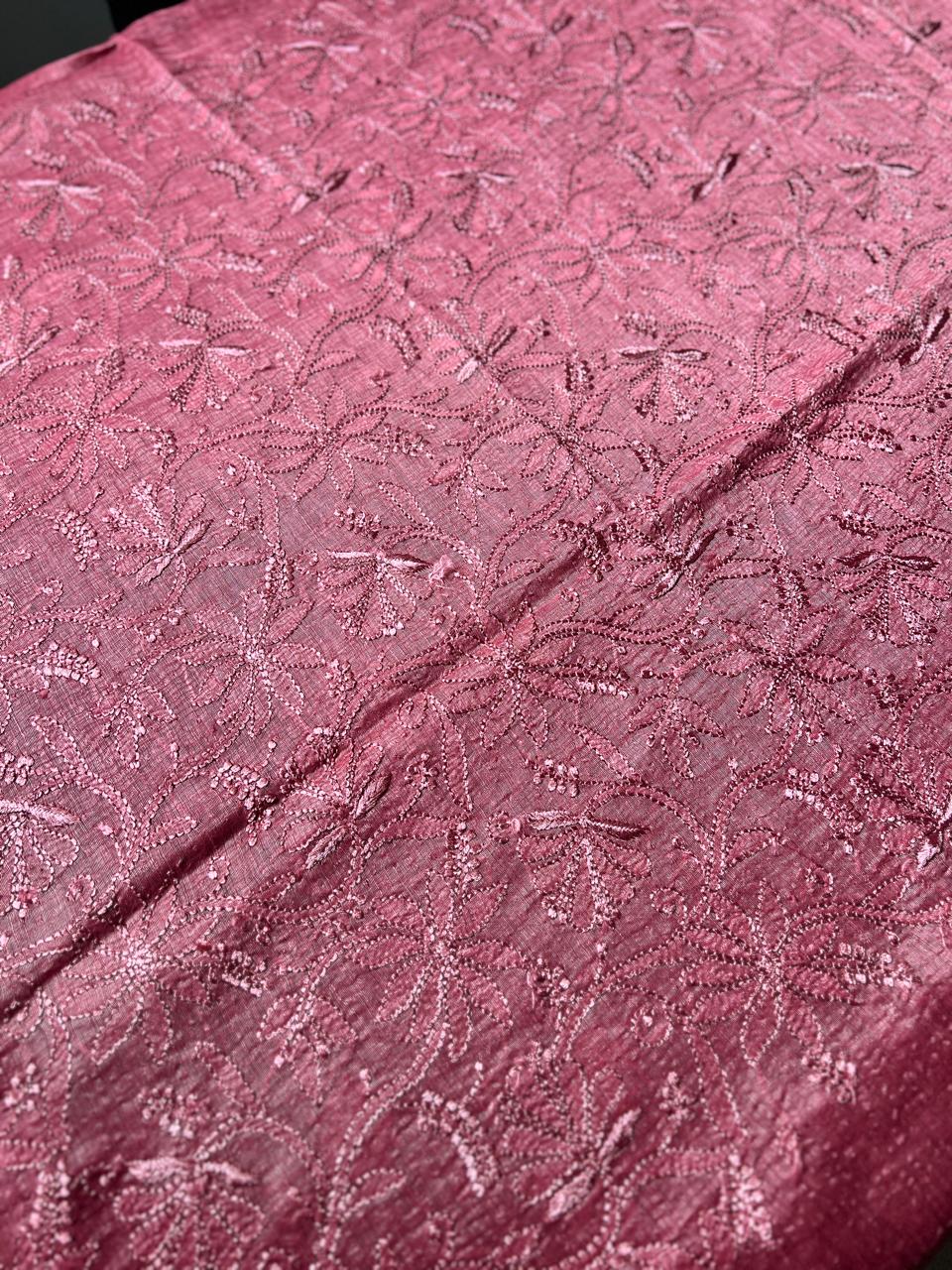 Lucknowi Hand-Stitched chanderi silk Chikan Kari Unstitched Set - Monochrome Series  Search code 6608