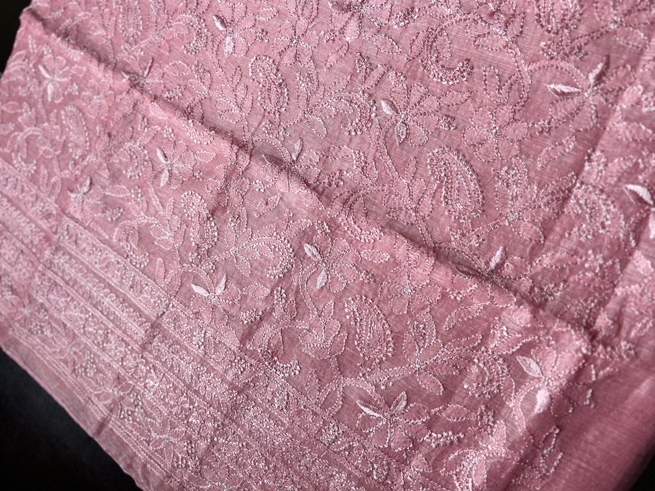 Lucknowi Hand-Stitched chanderi silk Chikan Kari Unstitched Set - Monochrome Series  Search code 6608