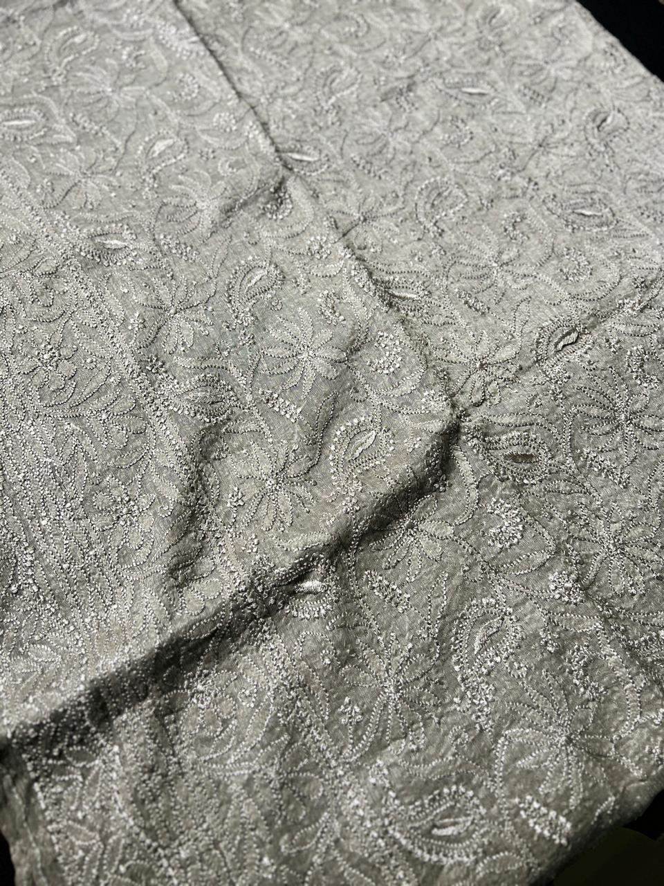 Lucknowi Hand-Stitched chanderi silk Chikan Kari Unstitched Set - Monochrome Series  Search code 6608