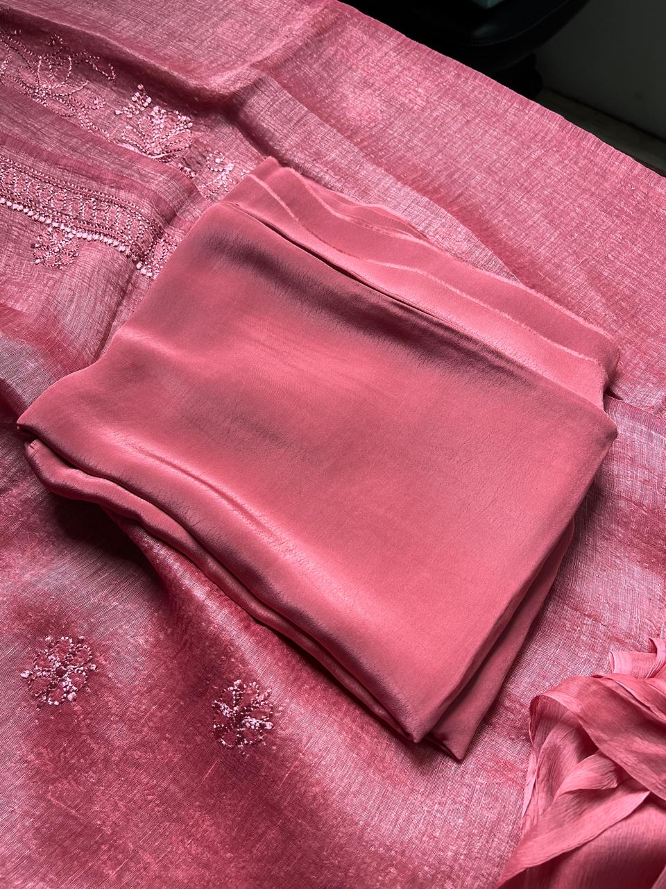 Lucknowi Hand-Stitched chanderi silk Chikan Kari Unstitched Set - Monochrome Series  Search code 6608