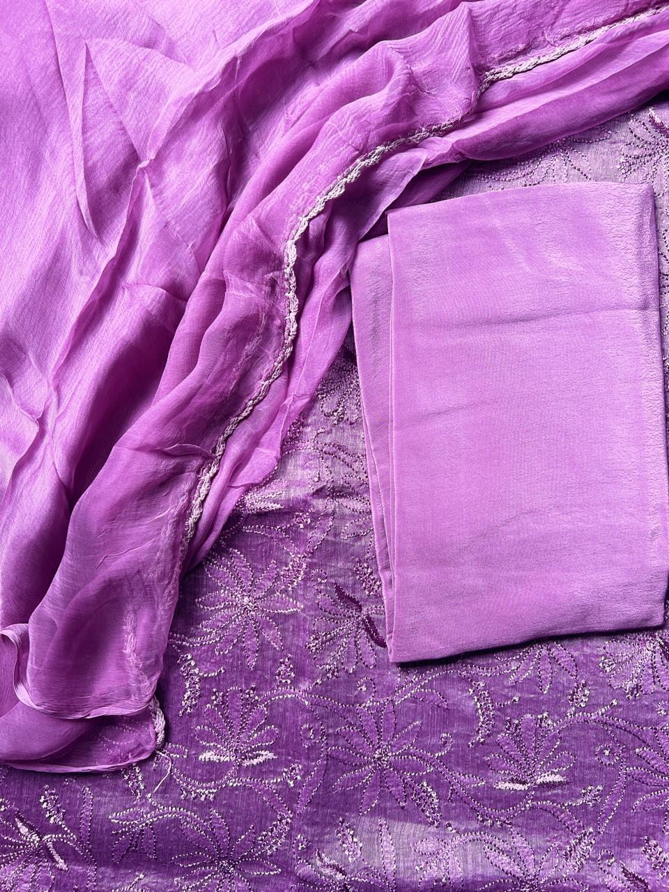 Lucknowi Hand-Stitched chanderi silk Chikan Kari Unstitched Set - Monochrome Series  Search code 6608