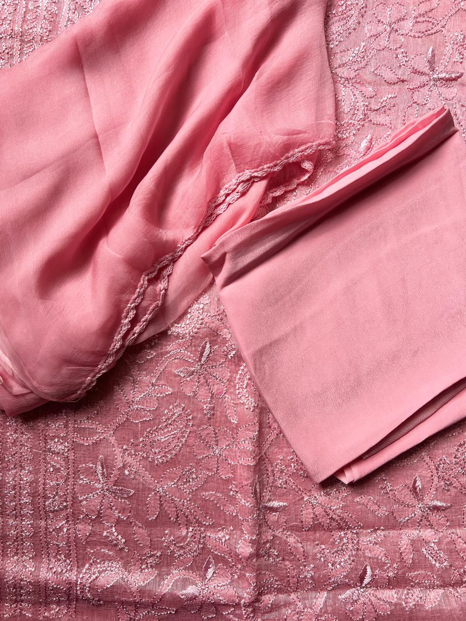 Lucknowi Hand-Stitched chanderi silk Chikan Kari Unstitched Set - Monochrome Series  Search code 6608