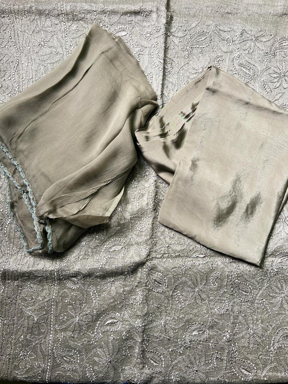 Lucknowi Hand-Stitched chanderi silk Chikan Kari Unstitched Set - Monochrome Series  Search code 6608