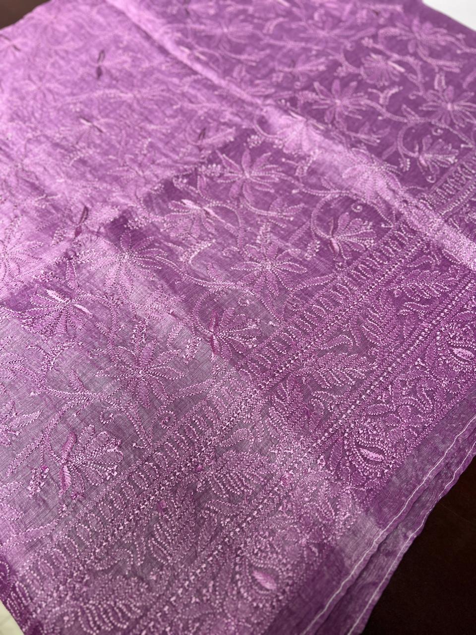 Lucknowi Hand-Stitched chanderi silk Chikan Kari Unstitched Set - Monochrome Series  Search code 6608