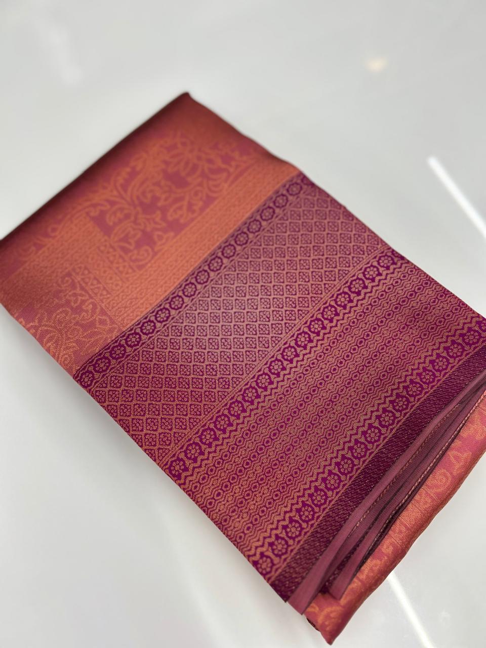 Semi Silk Saree -Peach  to purple shade Search code 3711