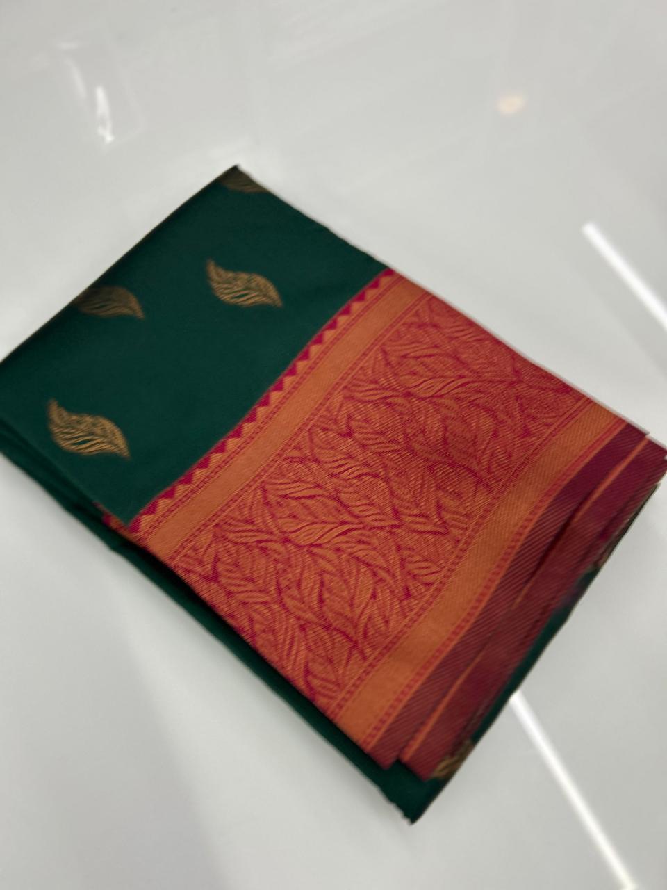 Semi Silk Saree -Bottle green to maroon shade Search code 3712