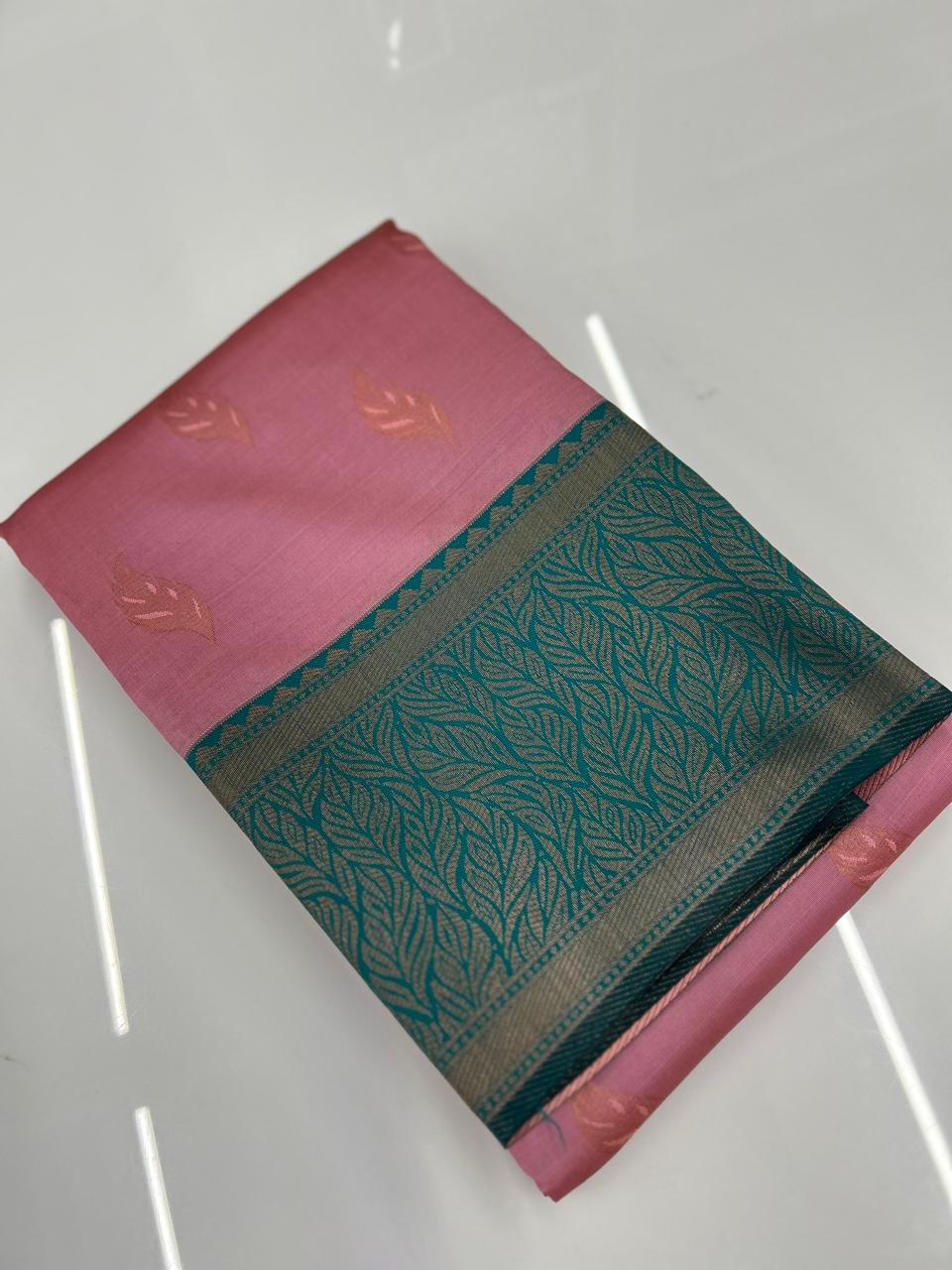 Semi Silk Saree -Pink to Tarquish blue shade Search code 3714