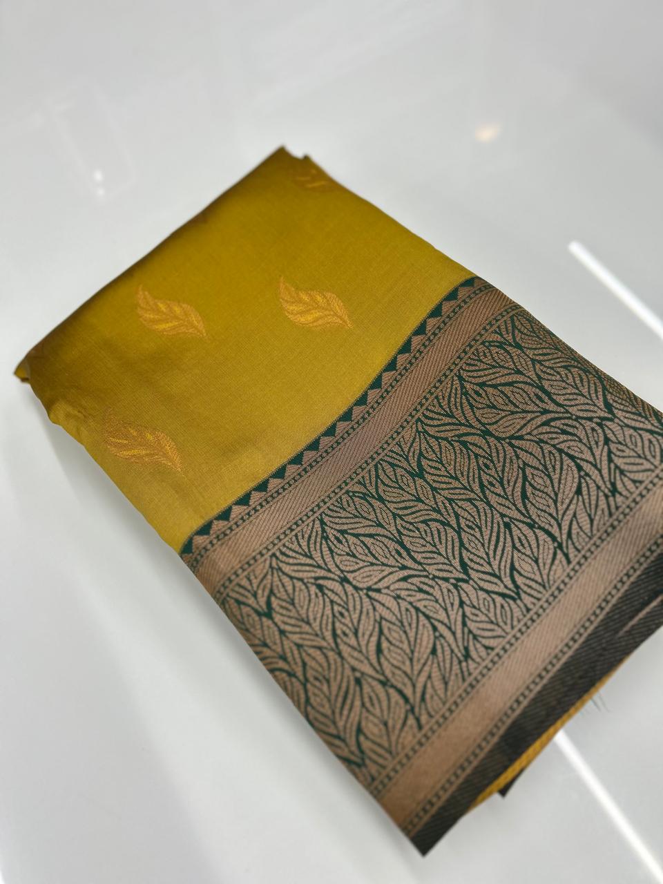 Semi Silk Saree -Yellow to Green   shade Search code 3718