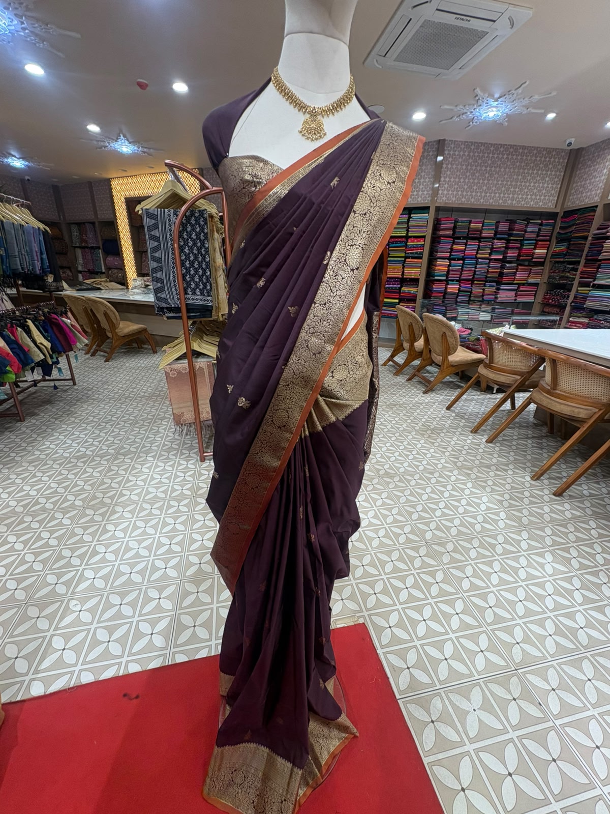Semi Brocader Saree- Coffee Brown & orange Color search code 6505