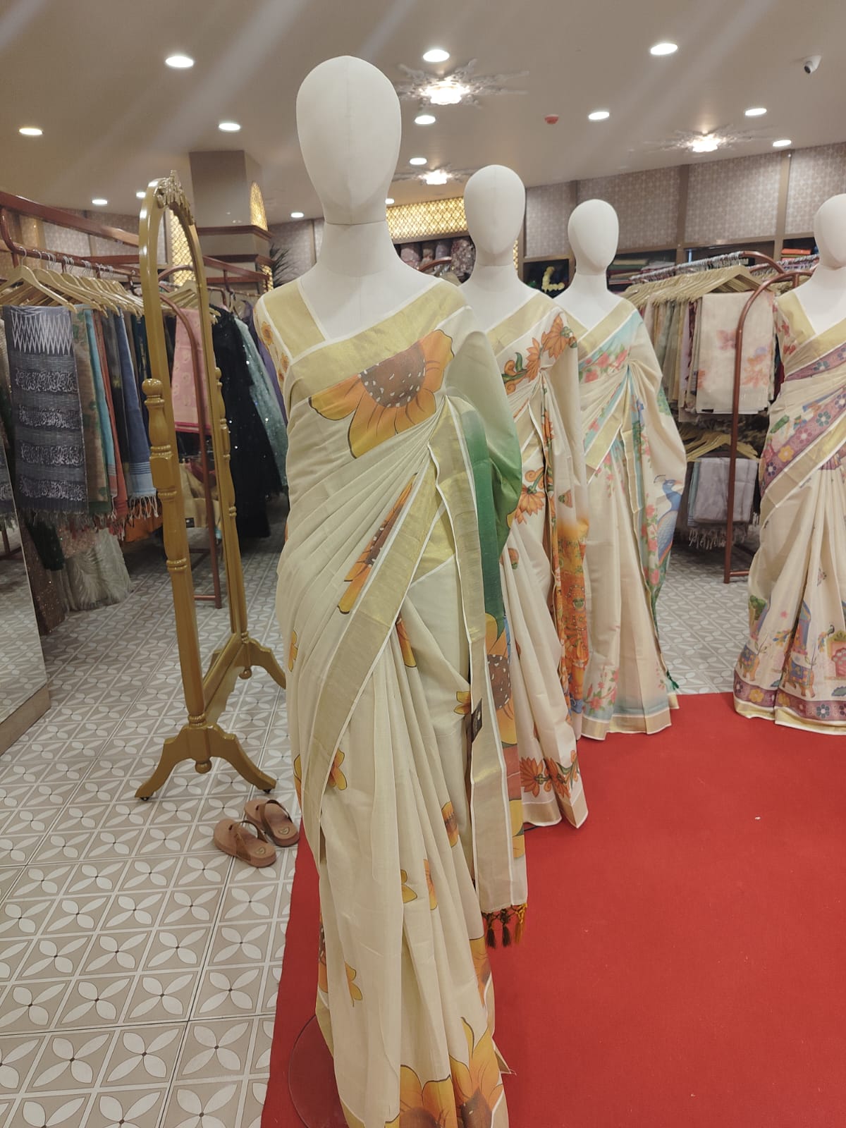 Cream Kerala Kasavu Saree with Bold Hand-Painted Sunflowers  -colored Search code 7319