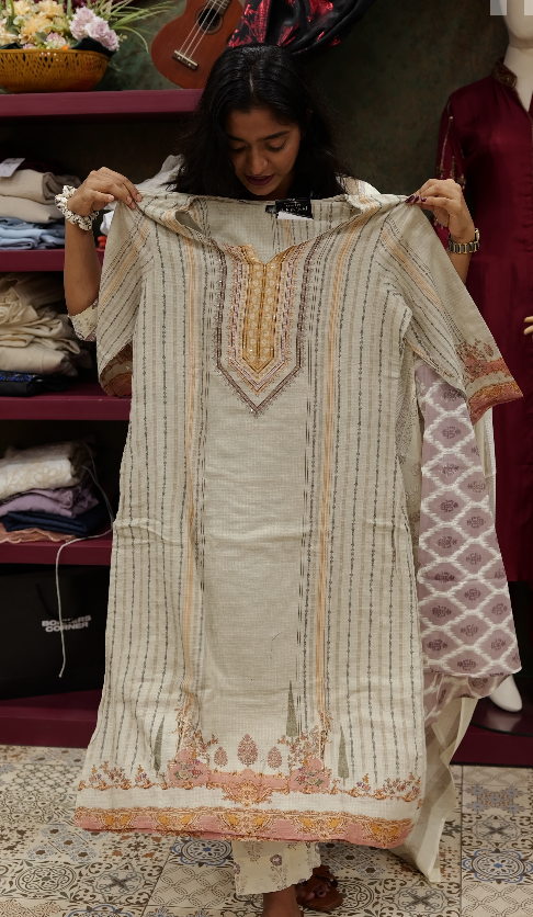 Salwar suit sets -Ivory/Off-White, Beige Printed Suit Set Search code 5134