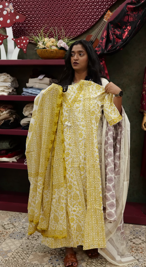 Salwar suit sets -Ivory White with Mustard Yellow floral Search code 5127