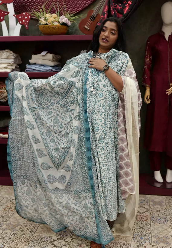 Salwar suit sets - Powder Blue on Ivory White. Search code 5128