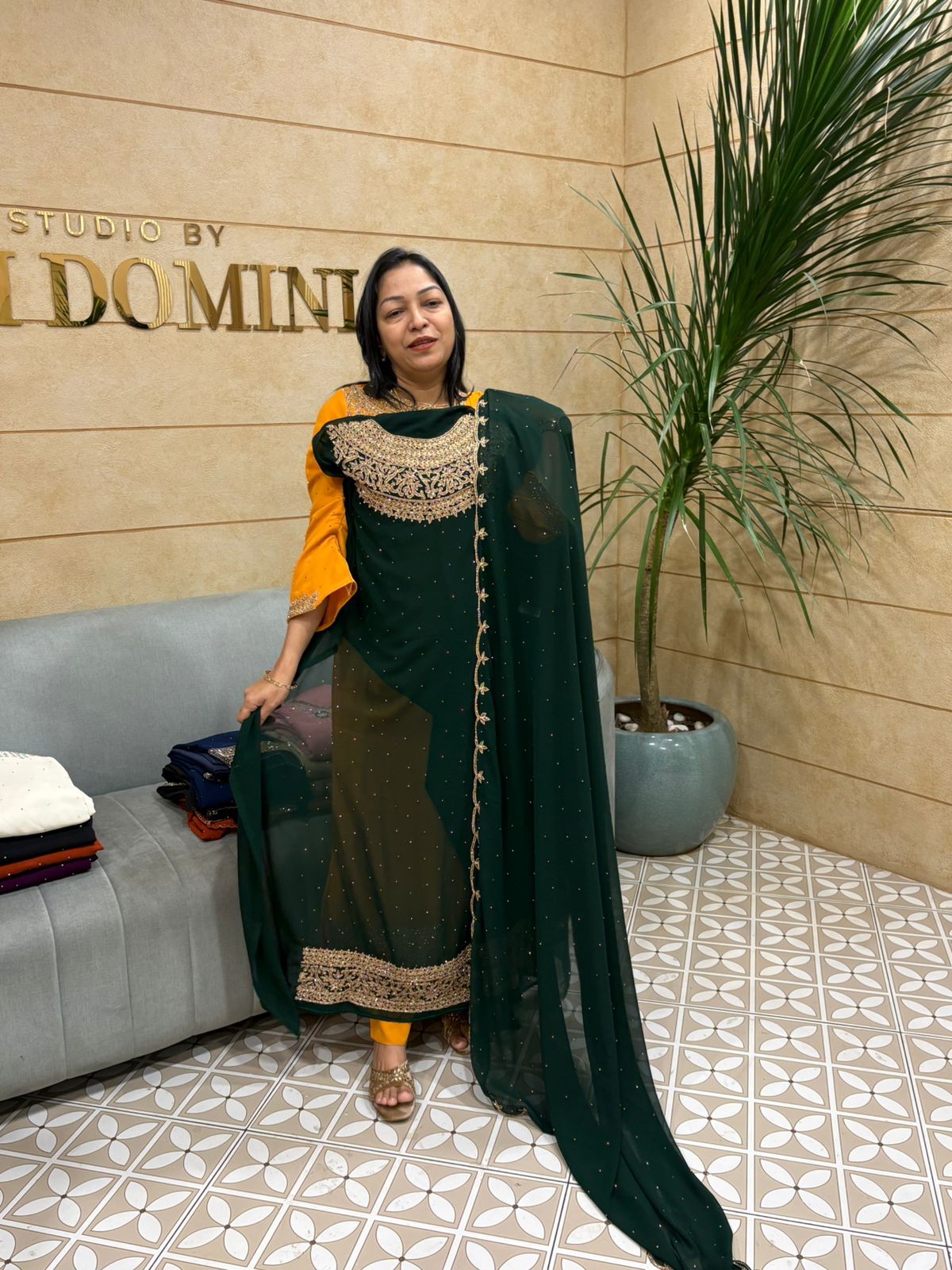 UNSTITCHED SALWAR  SUIT SET  bottel green shade Search code 5073