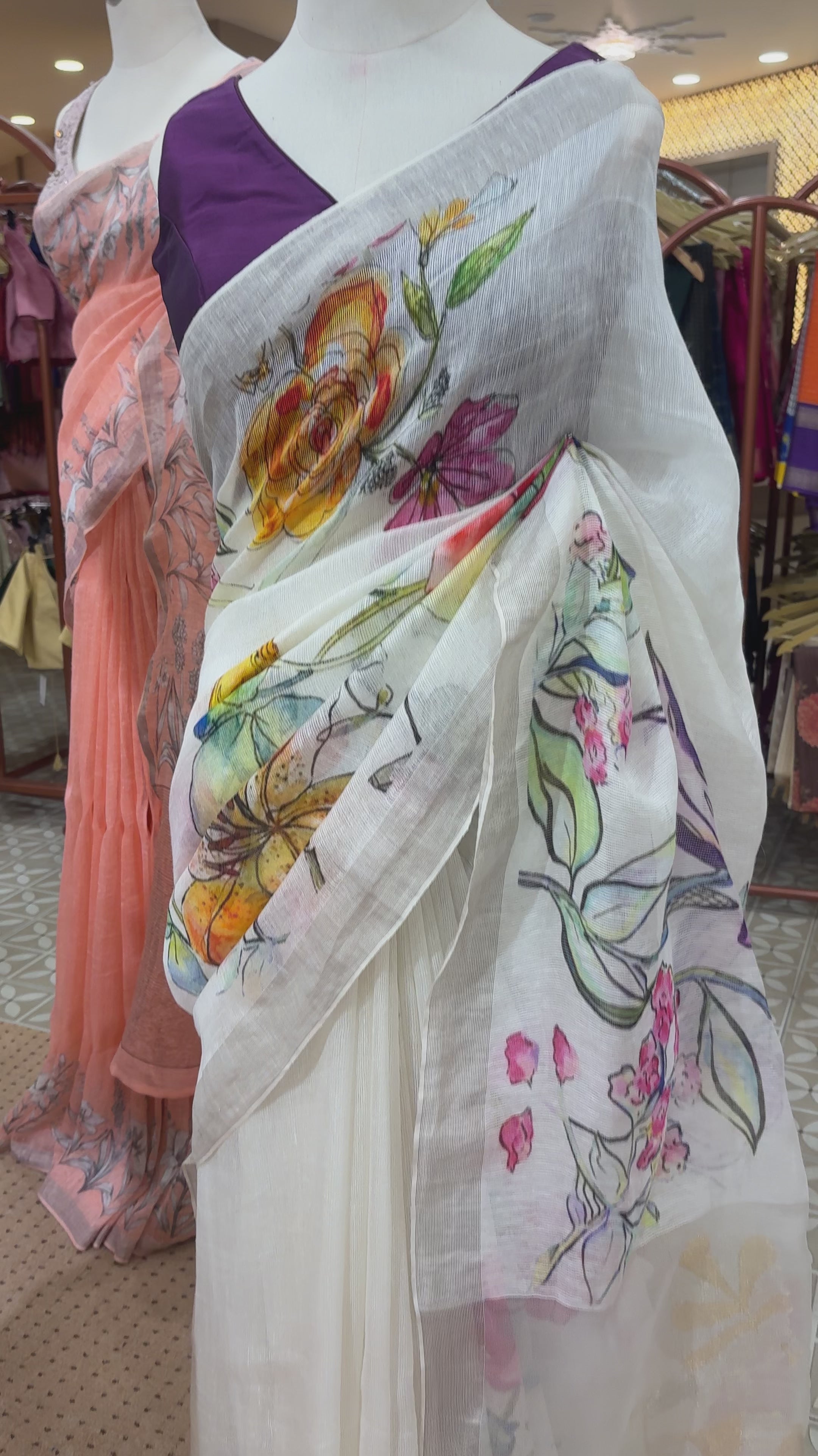 PURE LINEN SAREE -white color Search code 5200